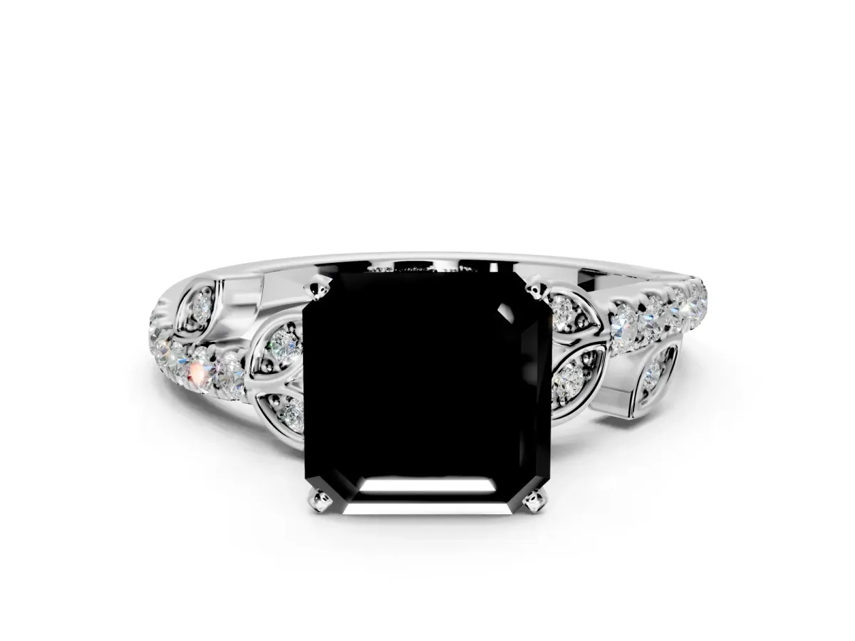 Leaf Motif Engagement Ring Setting for Fancy Black Asscher Cut Center with Pave Band and Prong Head in Sterling Silver