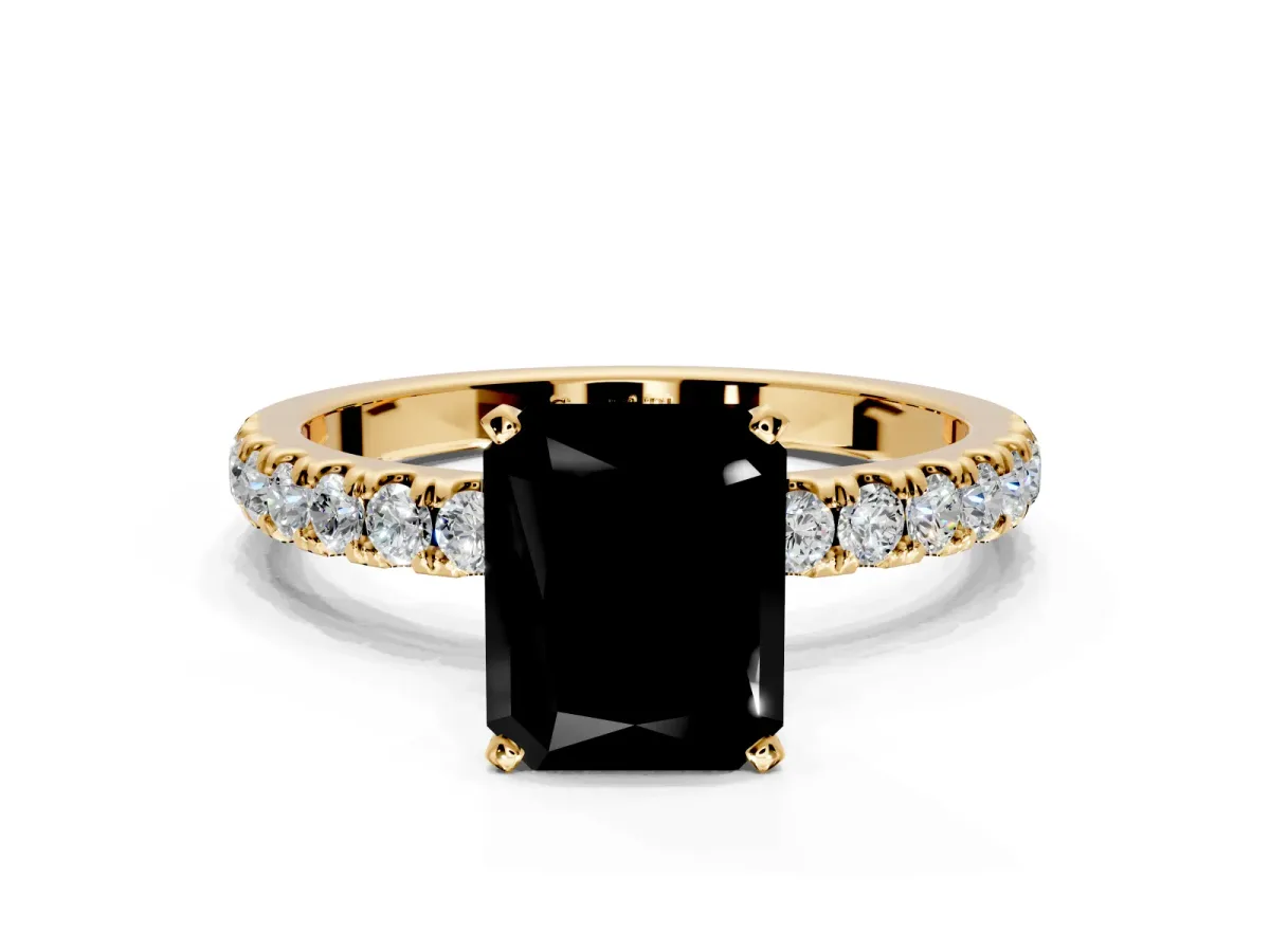 Open Basket Engagement Ring Setting for Fancy Black Radiant Cut Center with Pave Band and Prong Head in Yellow Gold