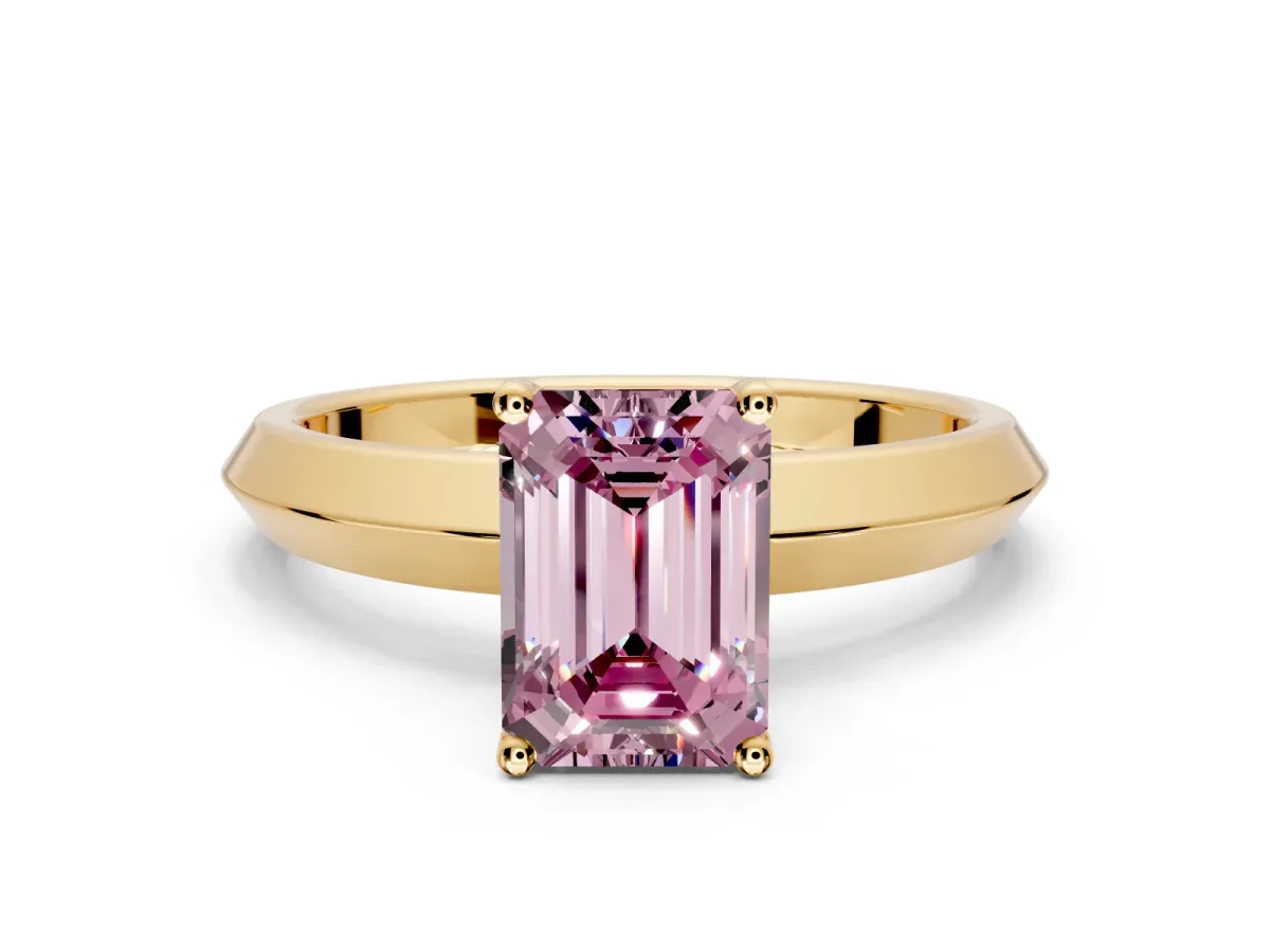 Solitaire Engagement Ring Setting for Fancy Pink Emerald Cut Center with Wide Knife Ridge Band and Prong Head in Yellow Gold