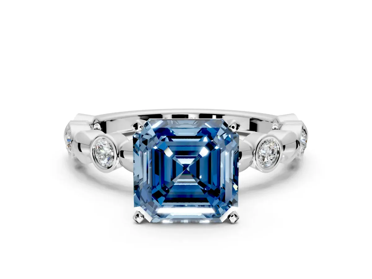 Solitaire Engagement Ring Setting for Fancy Blue Asscher Cut Center with Beaded Bezel Station Band and Prong Head in Sterling Silver