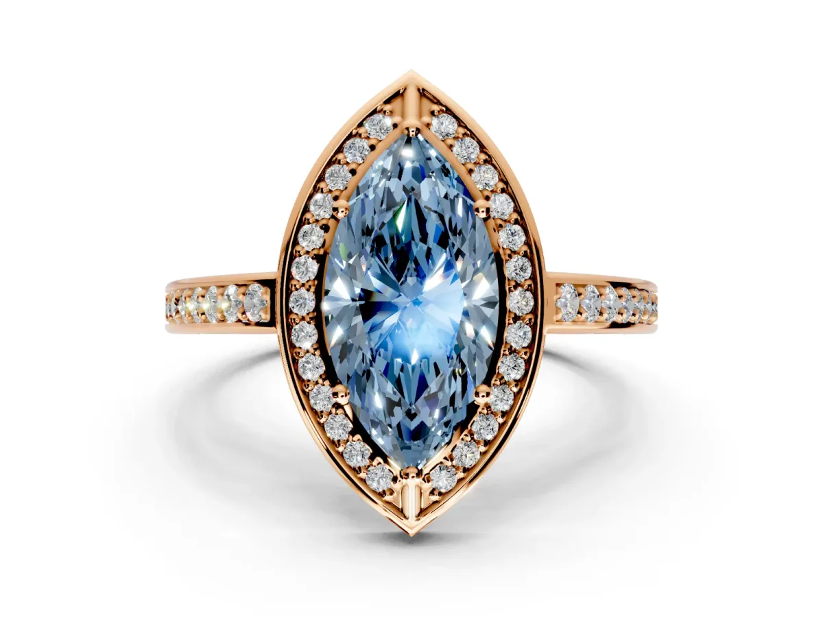 Halo Engagement Ring Setting for Fancy Blue Marquise Center with Framed Halo, Pave Band and Prong Head in Rose Gold