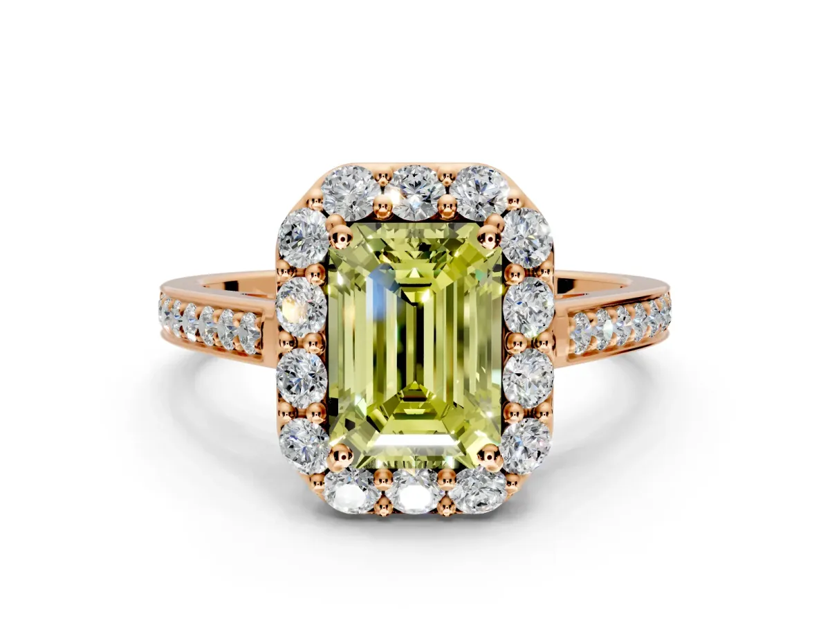 Floral Halo Engagement Ring Setting for Fancy Yellow Emerald Cut Center with Large Halo Accents and Prong Head in Rose Gold