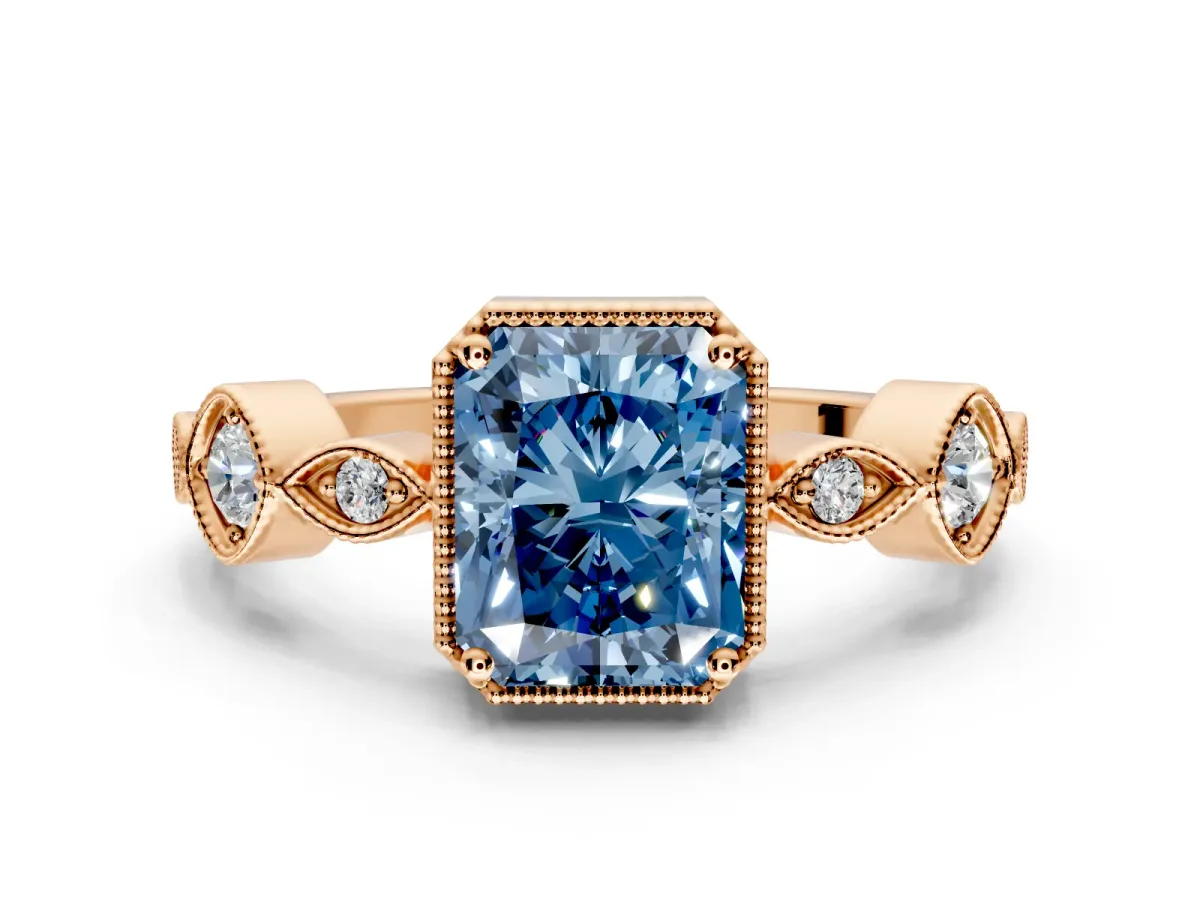 Vintage Station Engagement Ring Setting for Fancy Blue Radiant Cut Center with Accents and Prong Head in Rose Gold