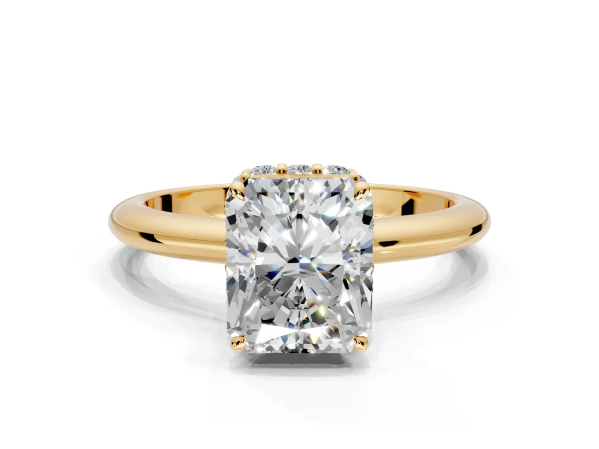 Hidden Halo Engagement Ring Setting for Radiant Cut Center with Plain Rounded Band and Prong Head in Yellow Gold