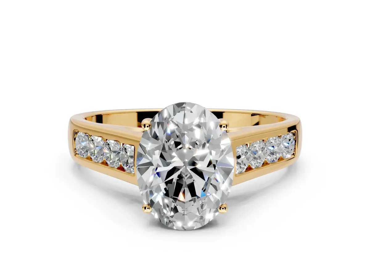 Solitaire Engagement Ring Setting for Oval Center with Cathedral Channel Band and Prong Head in Yellow Gold