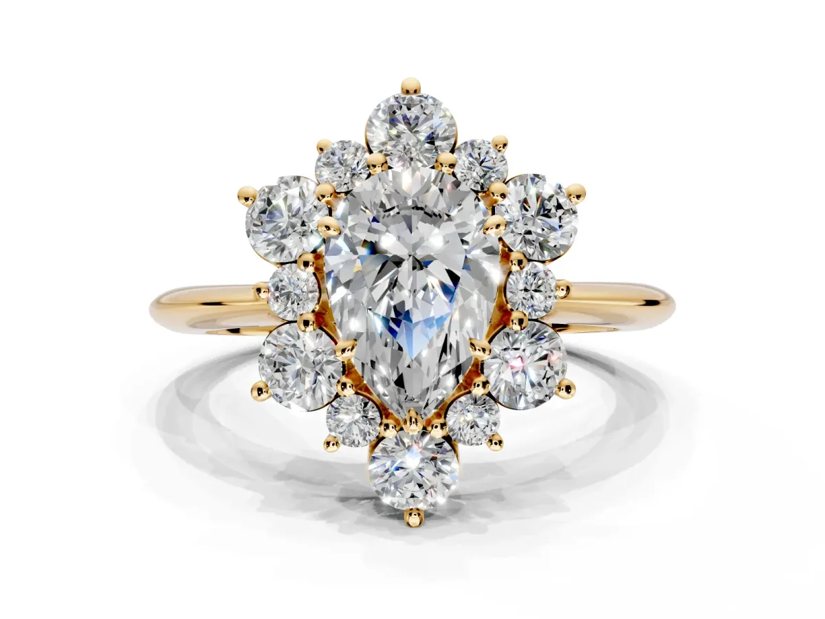 Small-Accent Cluster Halo Engagement Ring Setting for Pear-Shaped Center with Plain Band and Prong Head in Yellow Gold