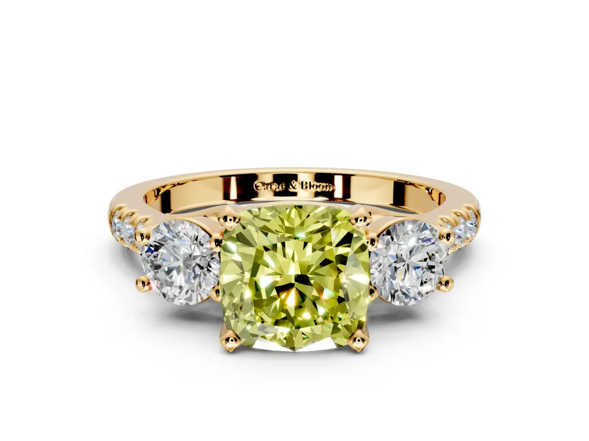 3 Stone Engagement Ring Setting for Fancy Yellow Cushion Cut Center with Crossover Basket, Pave Band and Prong Head in Yellow Gold