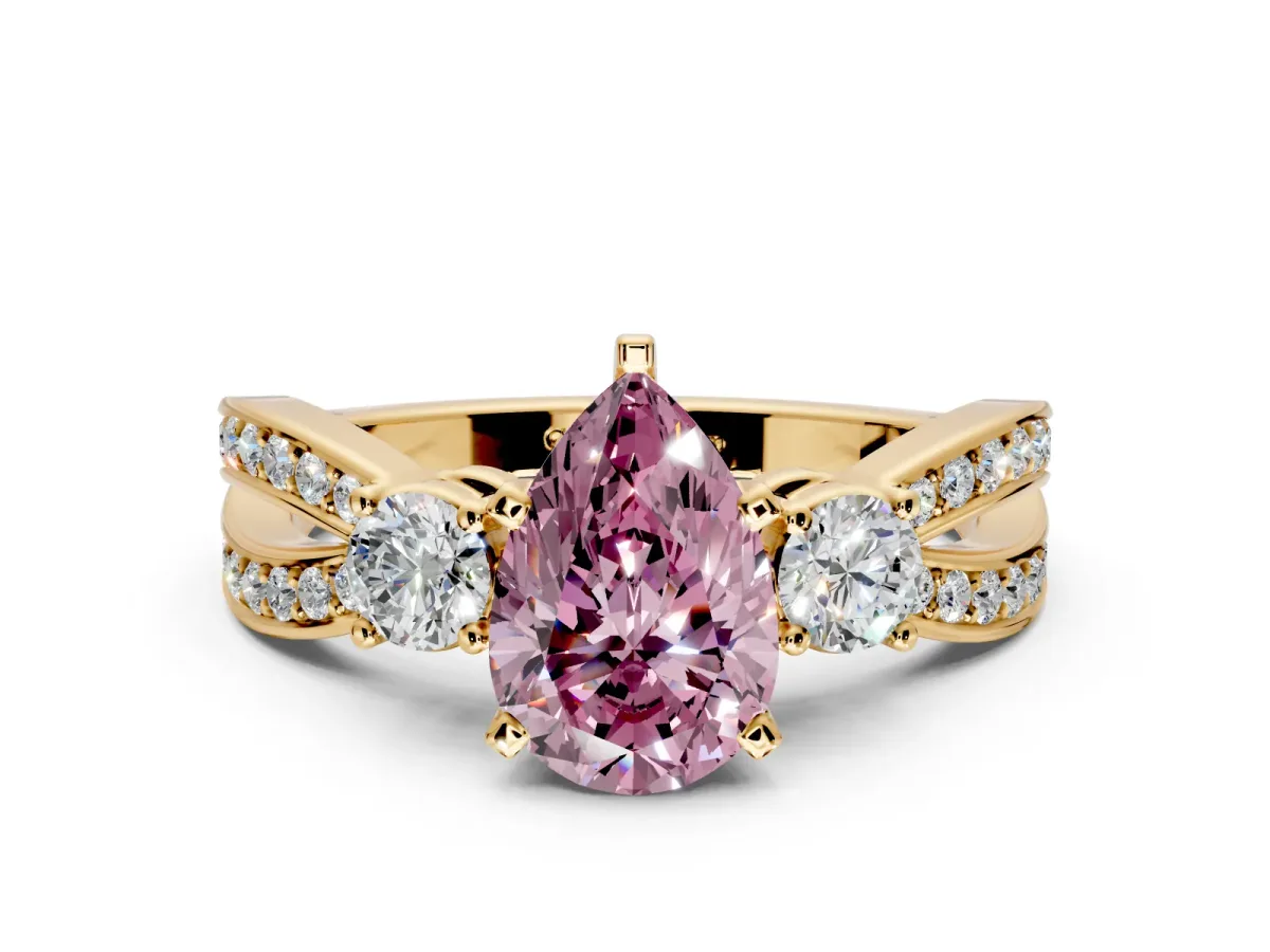 3 Stone Engagement Ring Setting for Fancy Pink Pear-Shaped Center with Pave Twist Band and Prong Head in Yellow Gold