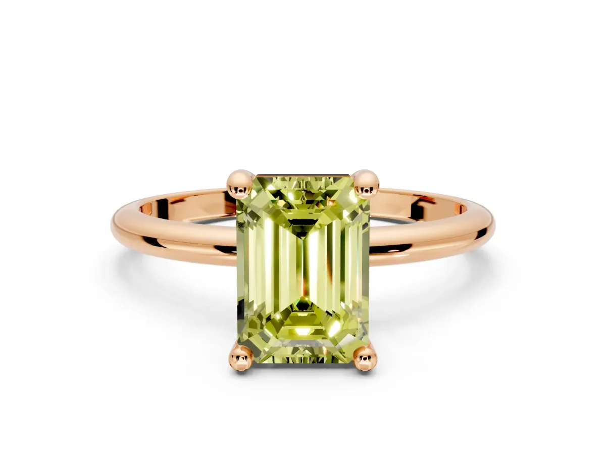 Minimalist Solitaire Engagement Ring Setting for Fancy Yellow Emerald Cut Center with Thin Band and Prong Head in Rose Gold