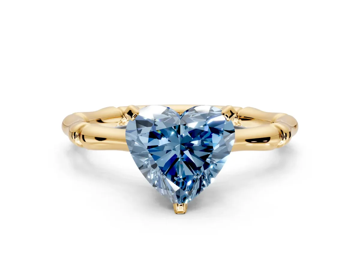 Solitaire Engagement Ring Setting for Fancy Blue Heart-Shaped Center with Bamboo Band and Prong Head in Yellow Gold