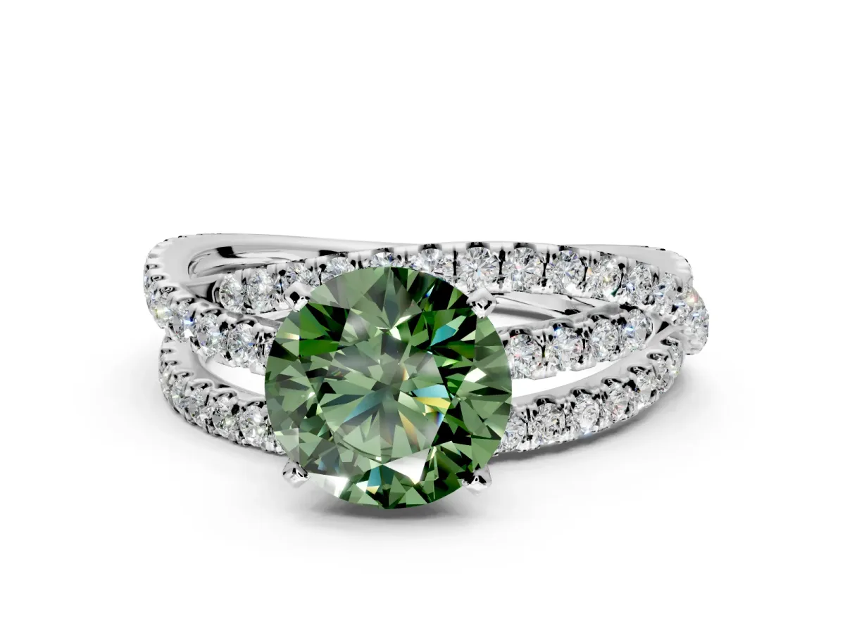 Solitaire Engagement Ring Setting for Fancy Green Round Cut Center with Woven 3-Strand Pave Band and Prong Head in Platinum