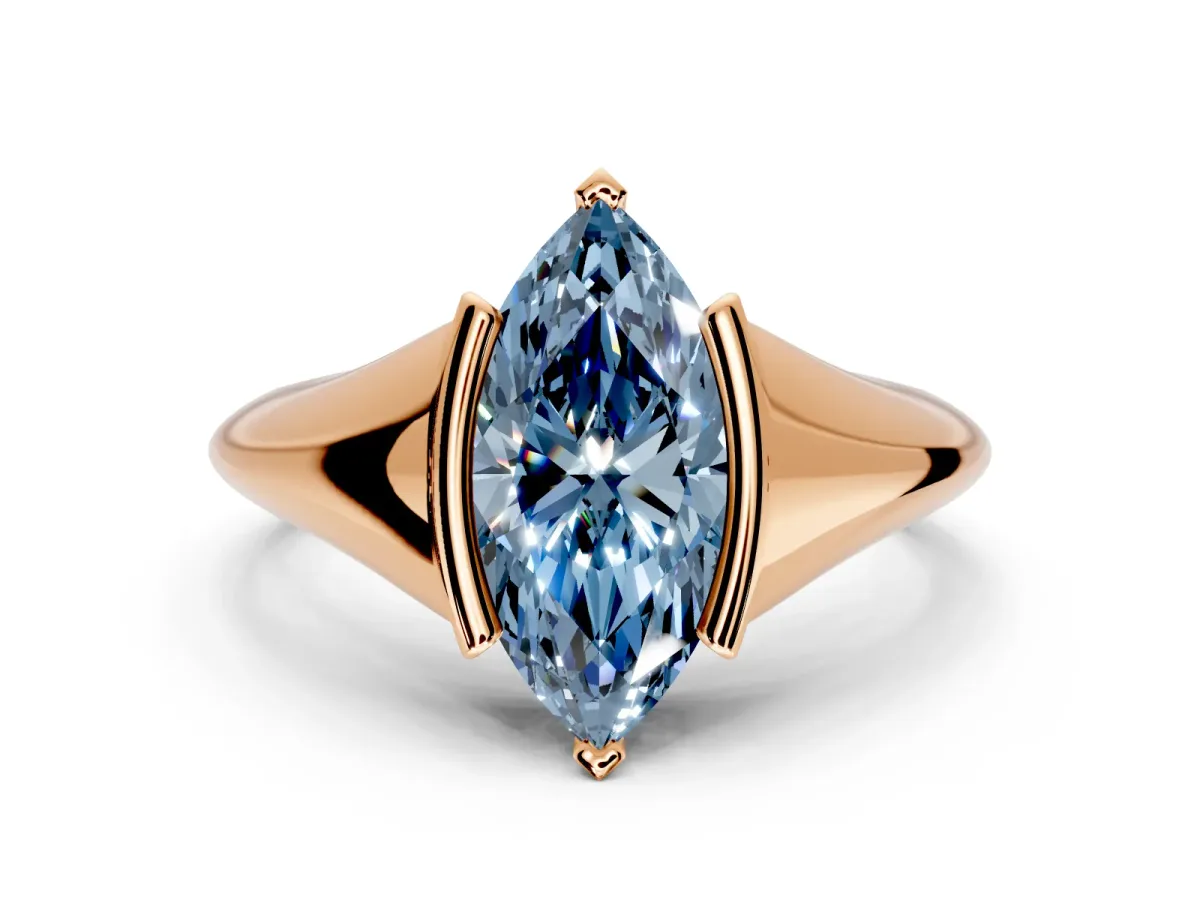 Tension Engagement Ring Setting for Fancy Blue Marquise Center with Wide Tapered Band and Tension Head in Rose Gold