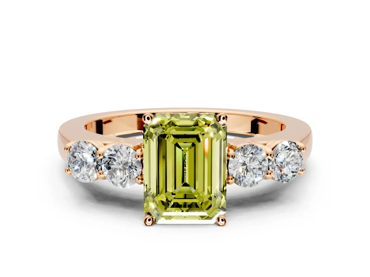 5 Stone Engagement Ring Setting for Fancy Yellow Emerald Cut Center with Equal Close-Set Accents and Prong Head in Rose Gold