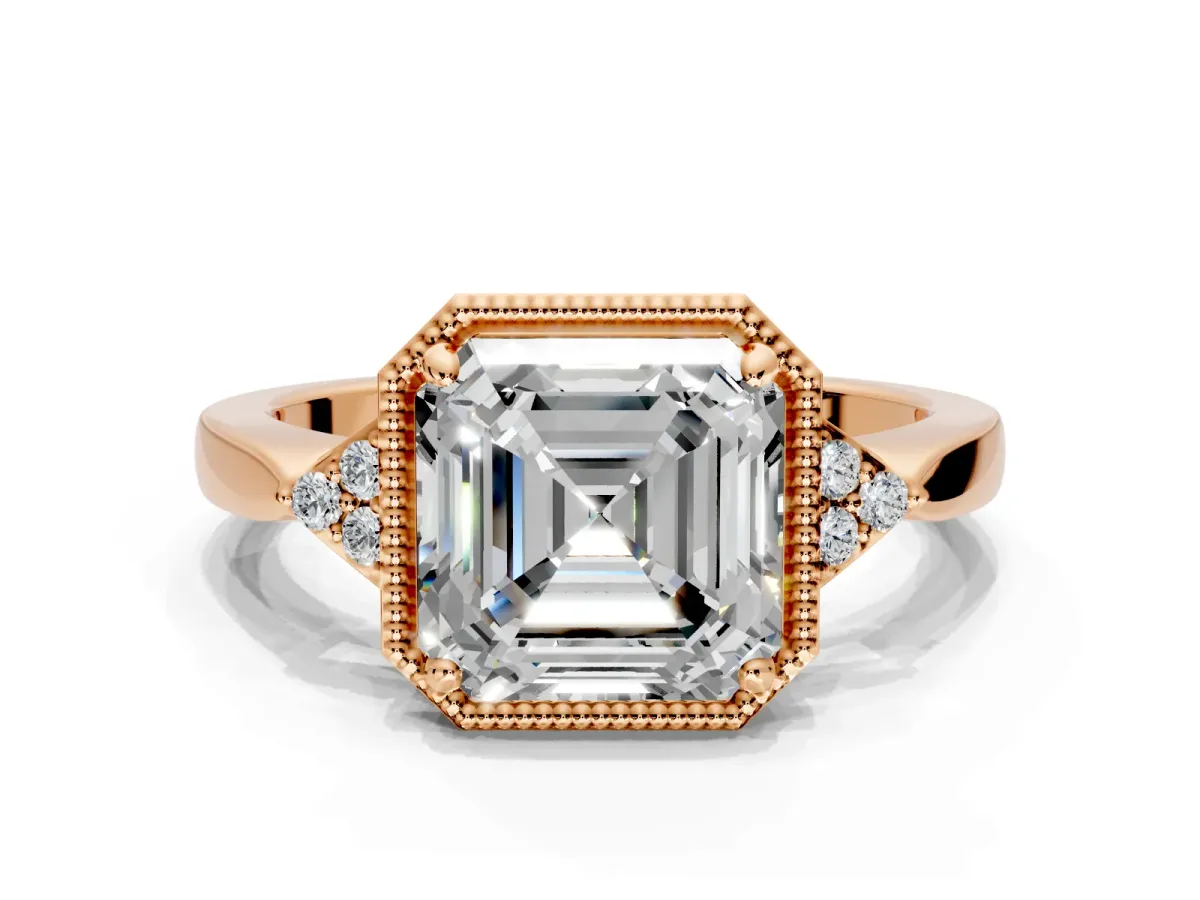 Cluster Engagement Ring Setting for Asscher Cut Center with Milgrain Shoulder Clusters and Prong Head in Rose Gold
