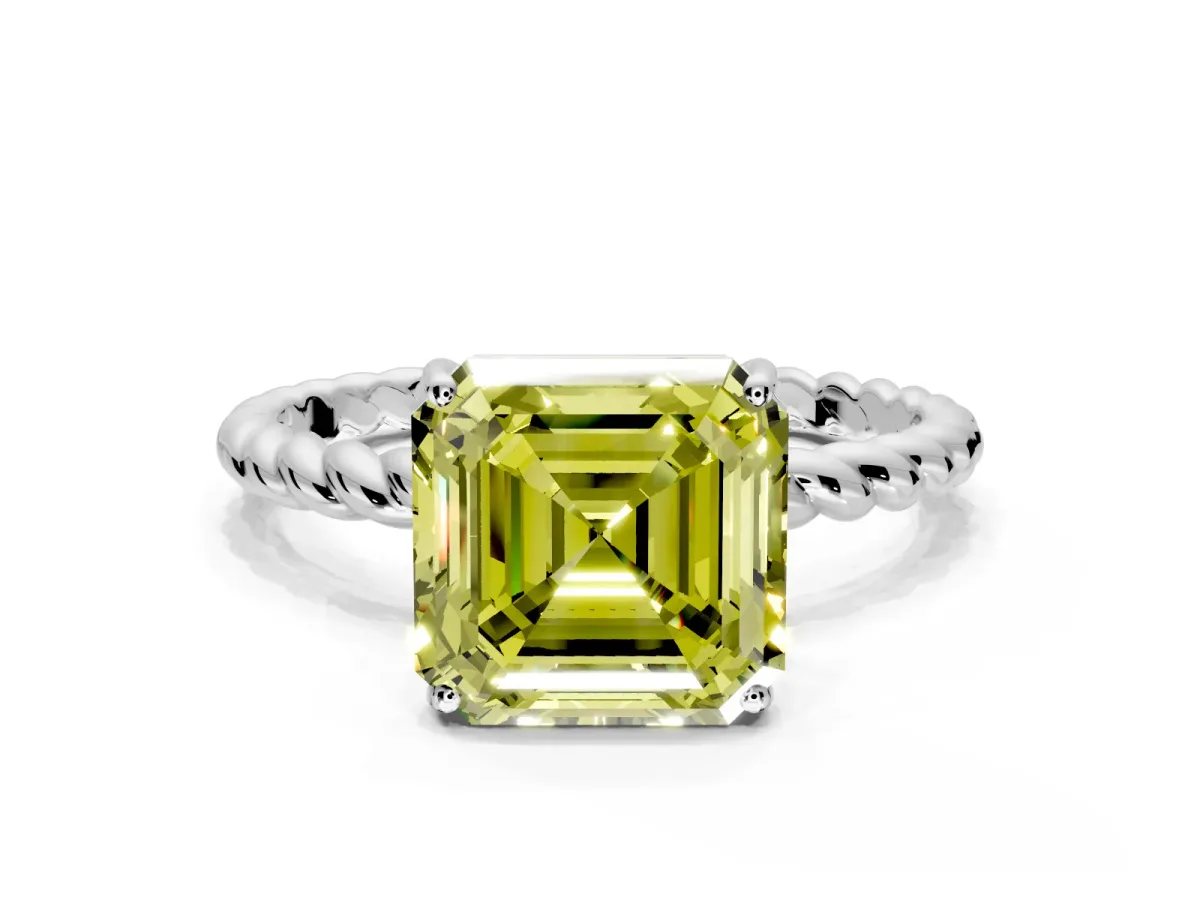 Solitaire Engagement Ring Setting for Fancy Yellow Asscher Cut Center with Plain Twisted Rope Band and Prong Head in White Gold