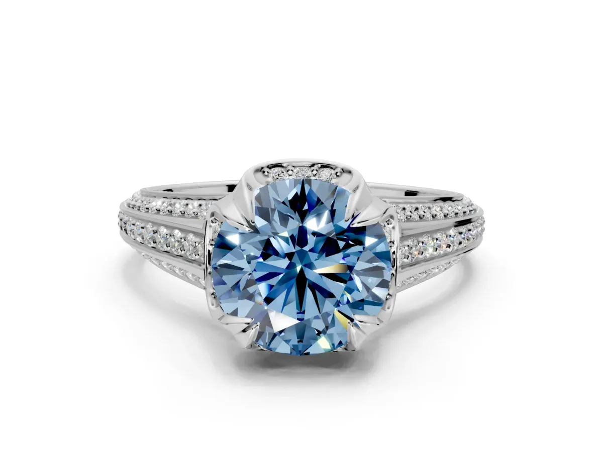 Solitaire Engagement Ring Setting for Fancy Blue Round Cut Center with Accented Split Shank and Prong Head in Platinum