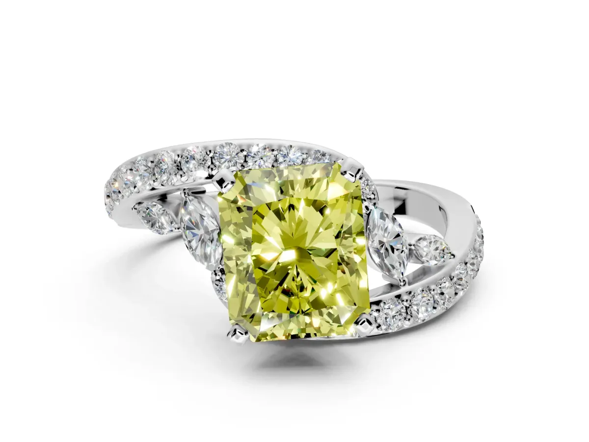 Solitaire Engagement Ring Setting for Fancy Yellow Radiant Cut Center with Pave Bypass Twist Band and Prong Head in White Gold