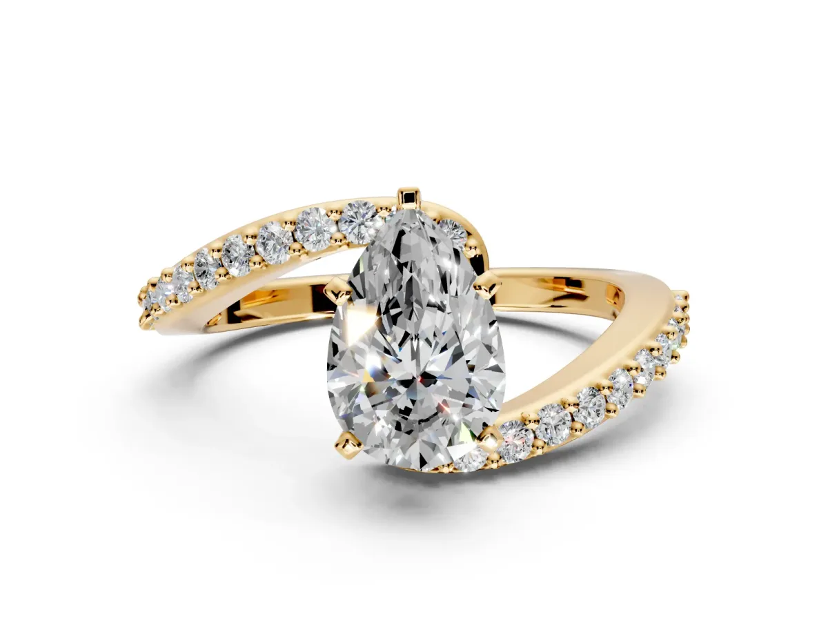 Solitaire Engagement Ring Setting for Pear-Shaped Center with Pave Bypass Swirl Band and Prong Head in Yellow Gold