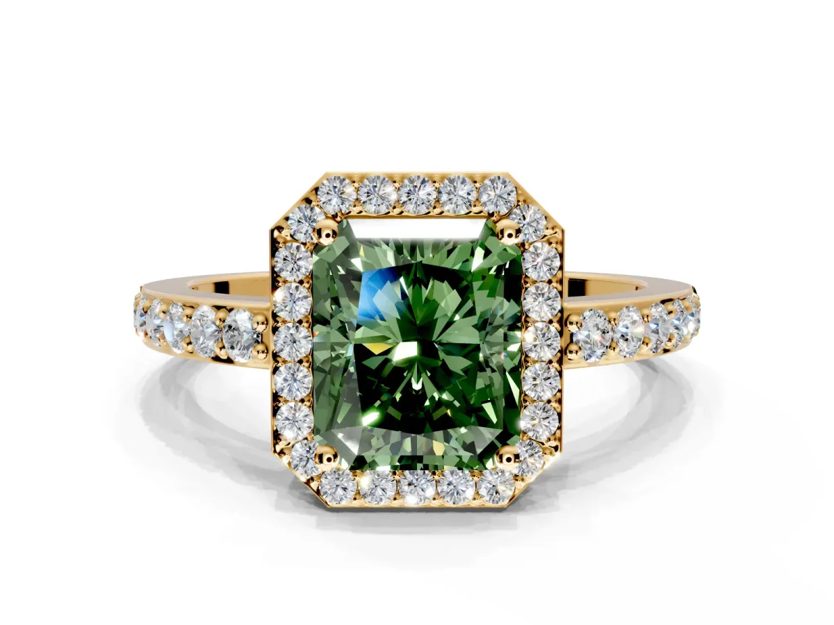 Halo Engagement Ring Setting for Fancy Green Radiant Cut Center with Heart-Shaped Openwork, Pave Band and Prong Head in Yellow Gold