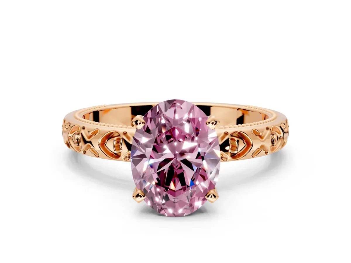 Solitaire Engagement Ring Setting for Fancy Pink Oval Center with XO Engraved Band and Prong Head in Rose Gold