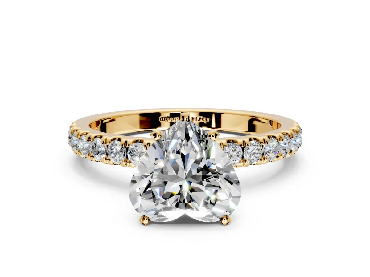 Open Basket Engagement Ring Setting for Heart-Shaped Center with Pave Band and Prong Head in Yellow Gold