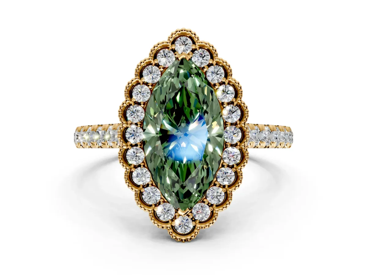 Milgrain Floral Halo Engagement Ring Setting for Fancy Green Marquise Center with Pave Band and Prong Head in Yellow Gold