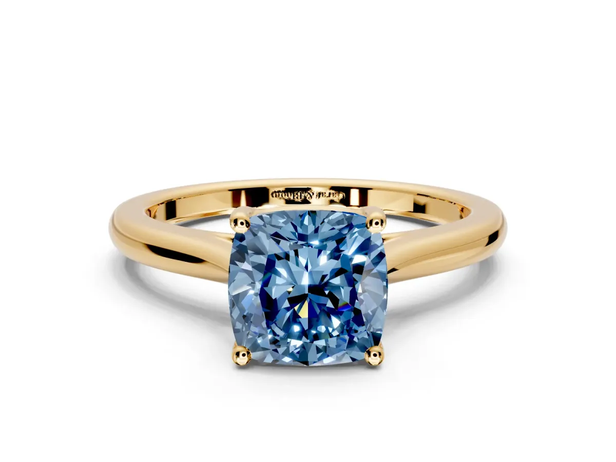 Solitaire Engagement Ring Setting for Fancy Blue Cushion Cut Center with Narrow Cathedral Band and Prong Head in Yellow Gold