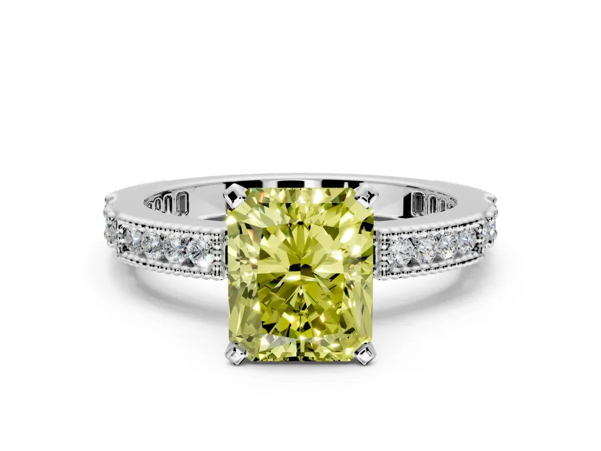 Solitaire Engagement Ring Setting for Fancy Yellow Radiant Cut Center with Milgrain-Edged Pave Band and Prong Head in Platinum
