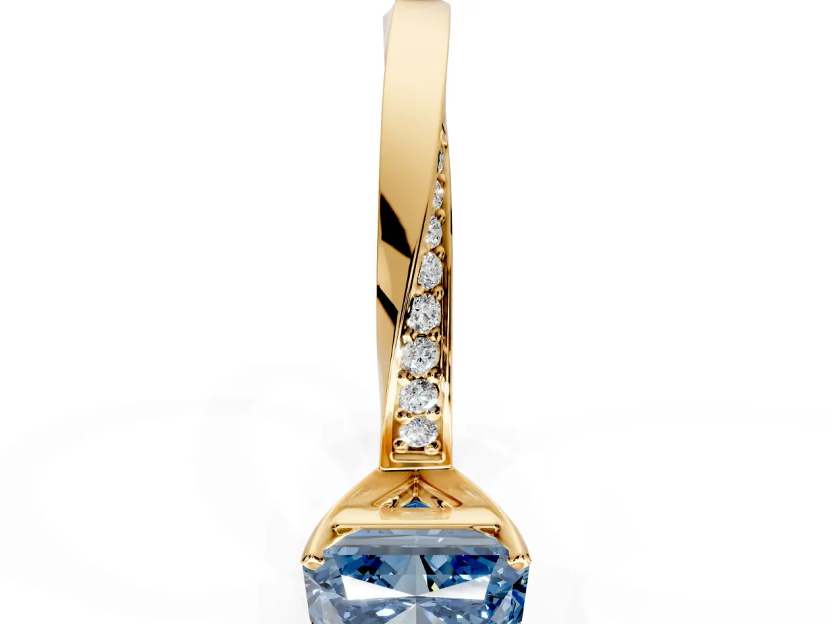 Side Accent Engagement Ring Setting for Fancy Blue Radiant Cut Center with Accent Shoulders and Prong Head in Yellow Gold