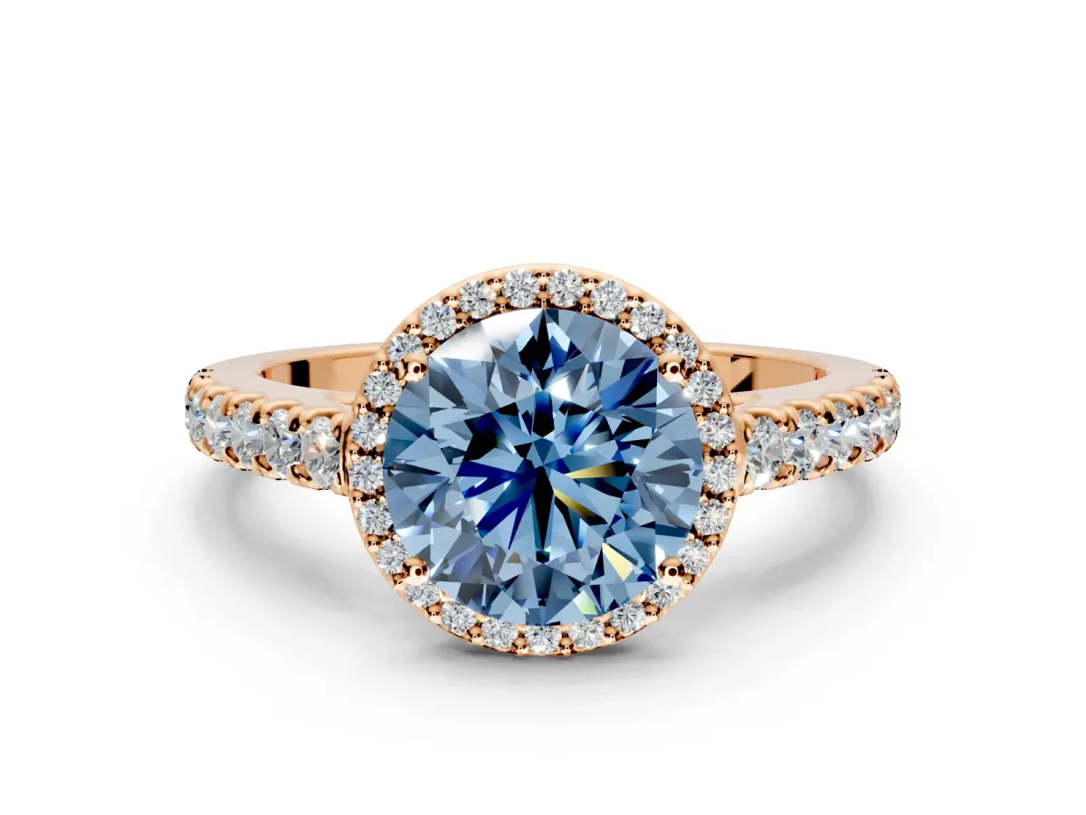 Halo Engagement Ring Setting for Fancy Blue Round Cut Center with Full Pave Band and Prong Head in Rose Gold