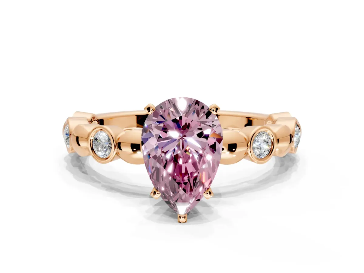 Solitaire Engagement Ring Setting for Fancy Pink Pear-Shaped Center with Beaded Bezel Station Band and Prong Head in Rose Gold