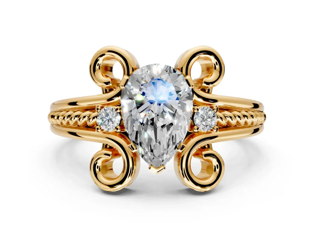 Solitaire Engagement Ring Setting for Pear-Shaped Center with Twisted Band and Scroll Prong Head in Yellow Gold