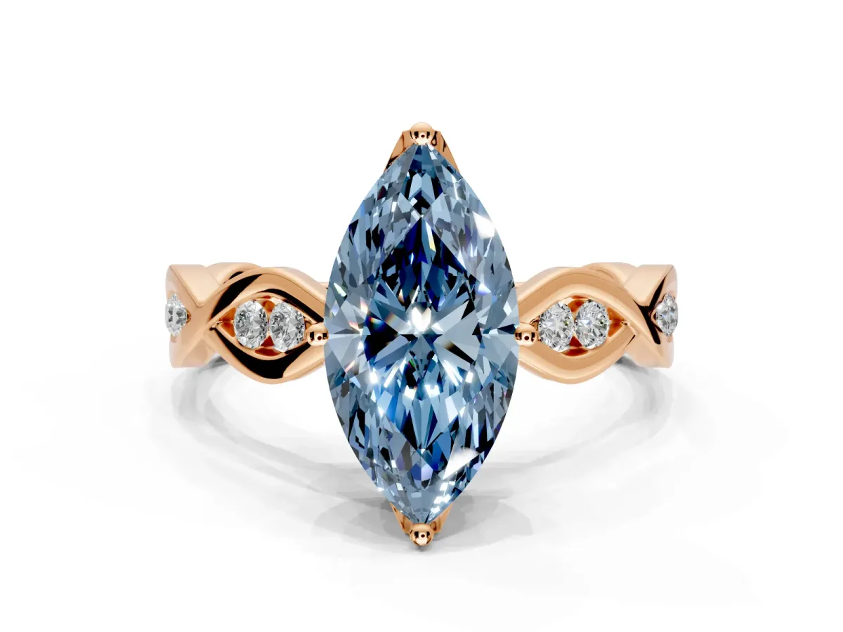 Solitaire Engagement Ring Setting for Fancy Blue Marquise Center with Accented Twist Band and Leaf Prong Head in Rose Gold