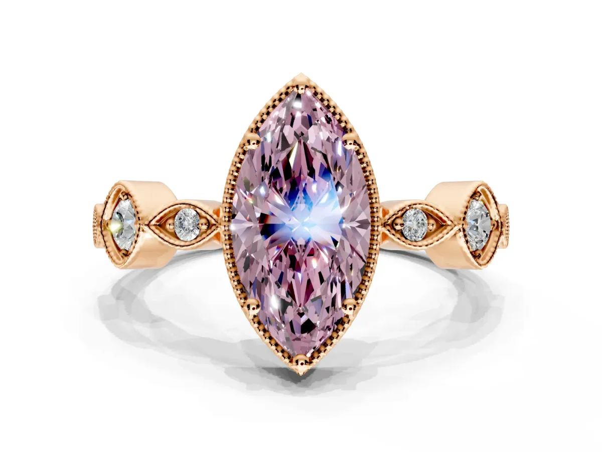 Vintage Station Engagement Ring Setting for Fancy Pink Marquise Center with Accents and Prong Head in Rose Gold