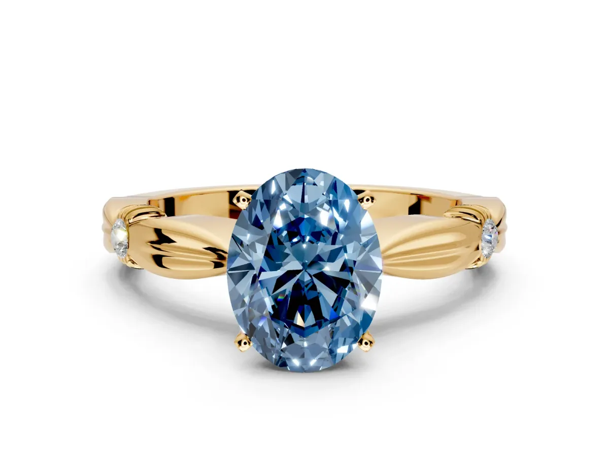 Solitaire Engagement Ring Setting for Fancy Blue Oval Center with Carved Leaf Shoulders and Prong Head in Yellow Gold