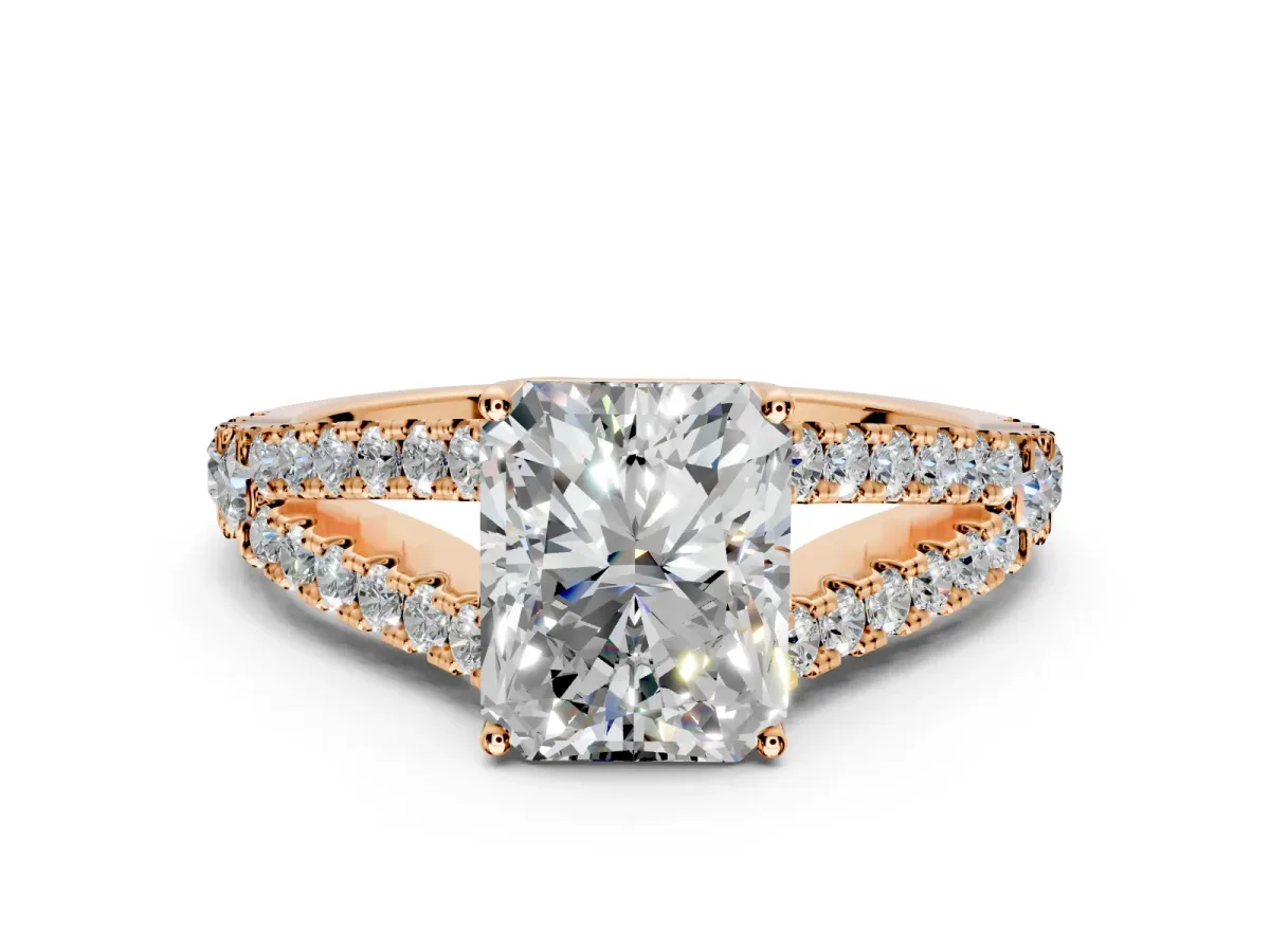 Solitaire Engagement Ring Setting for Radiant Cut Center with Pave Split Shank and Prong Head in Rose Gold
