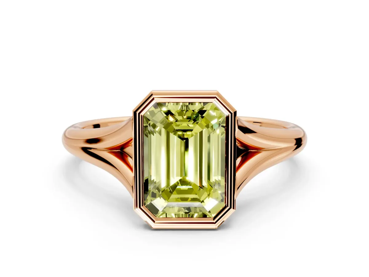 Solitaire Engagement Ring Setting for Fancy Yellow Emerald Cut Center with V Split Shank and Bezel Head in Rose Gold