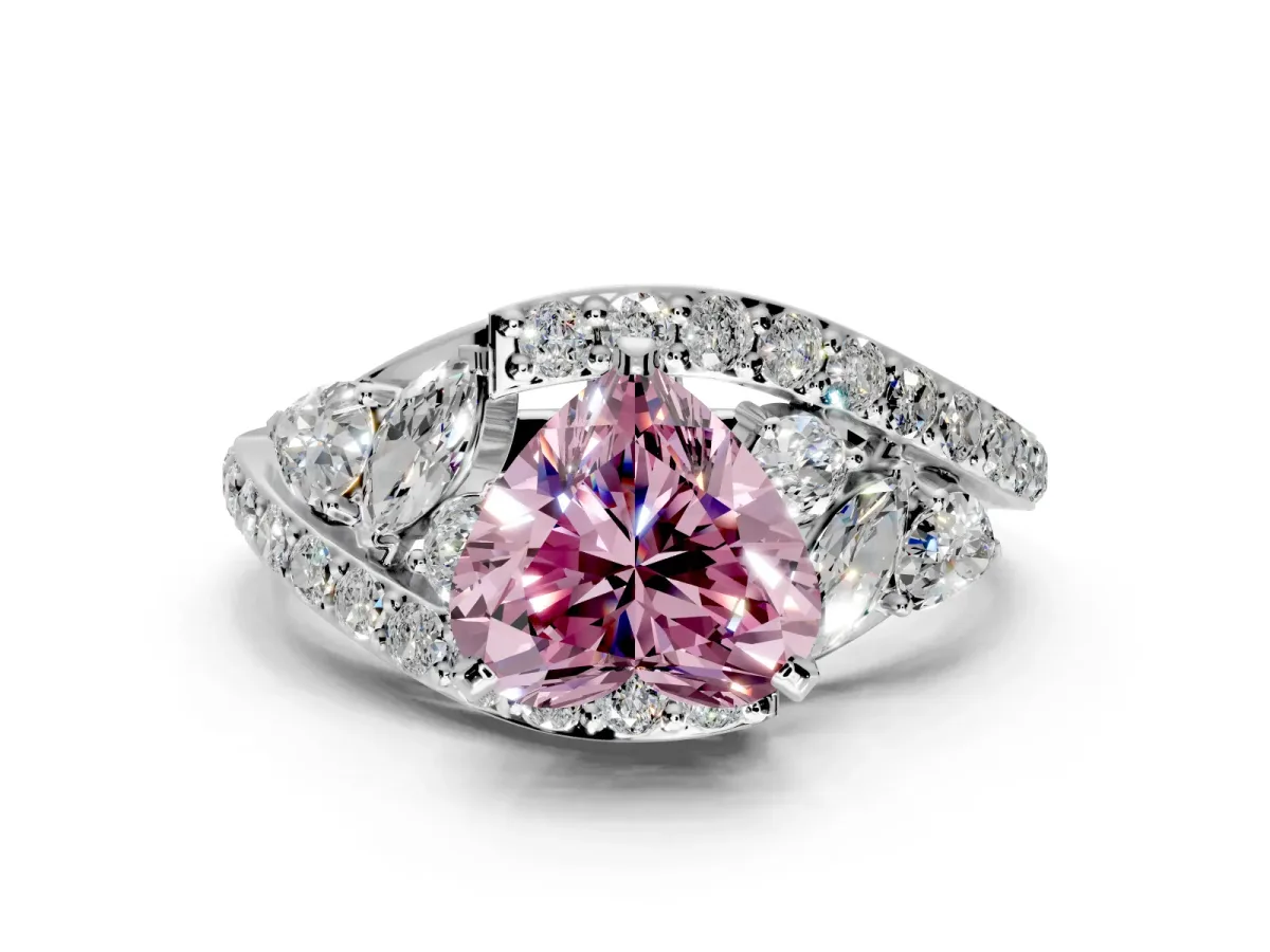 Halo Engagement Ring Setting for Fancy Pink Heart-Shaped Center with Marquise and Pave Bypass Band and Prong Head in Sterling Silver