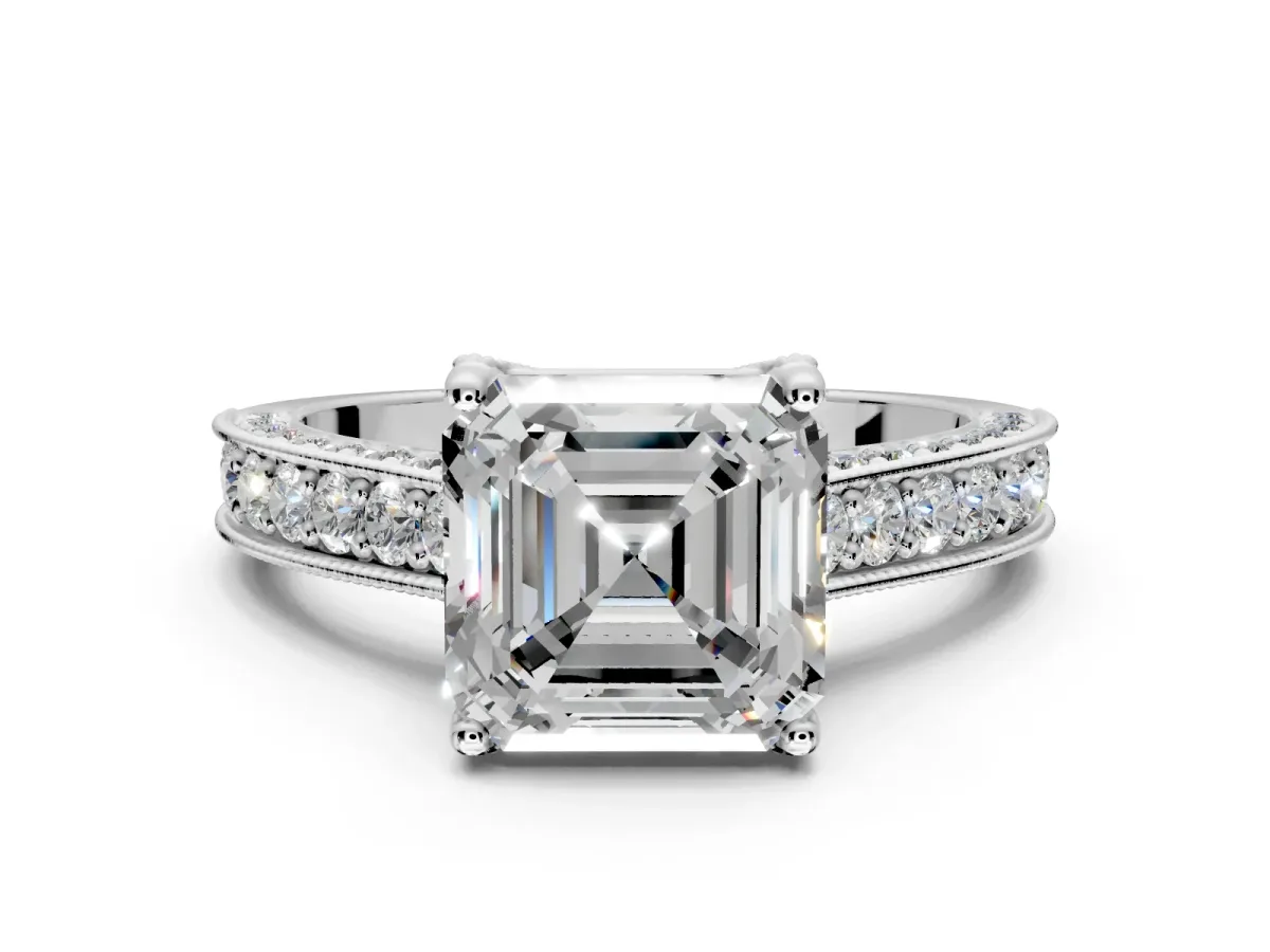 Solitaire Engagement Ring Setting for Asscher Cut Center with Milgrain-Framed Pave Band and Prong Head in Platinum