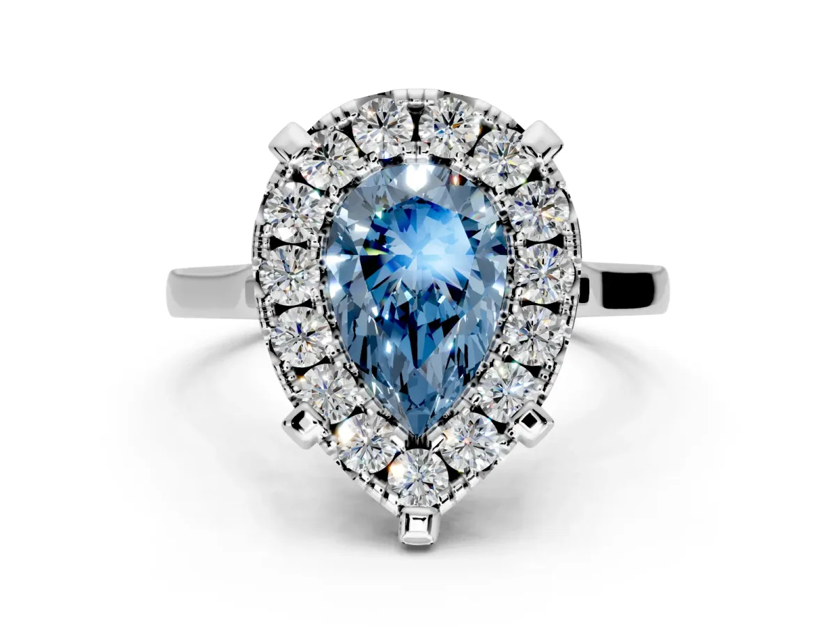 Single Halo Engagement Ring Setting for Fancy Blue Pear-Shaped Center with Corner Claws, Plain Band and Prong Head in Platinum