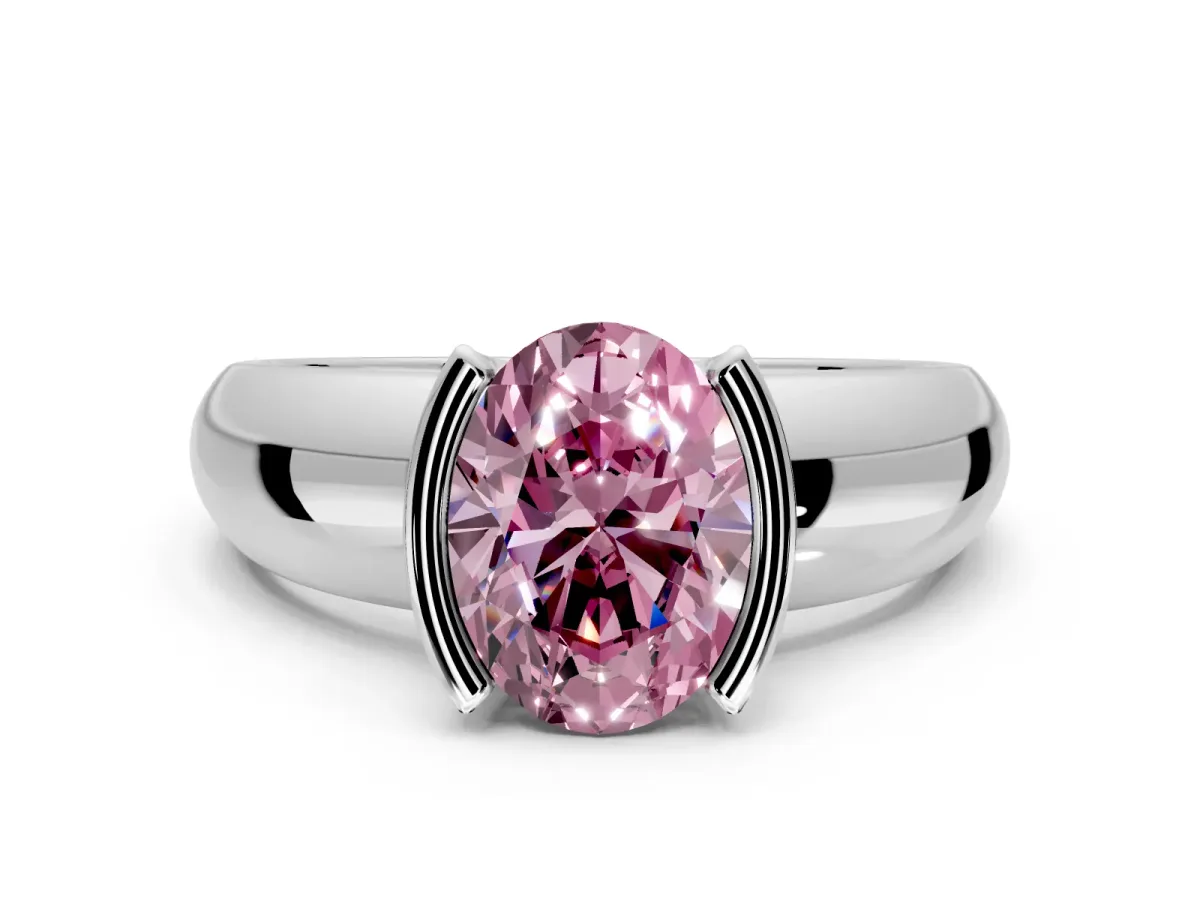 Tension Engagement Ring Setting for Fancy Pink Oval Center with Wide Flat Band and Tension Head in Platinum