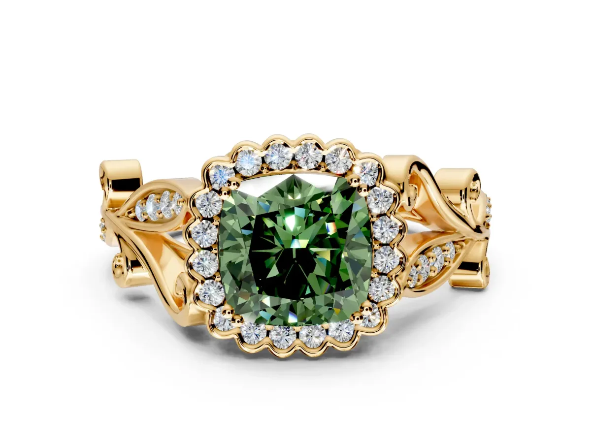 Halo Engagement Ring Setting for Fancy Green Cushion Cut Center with Leaf Motif Split Shank and Prong Head in Yellow Gold