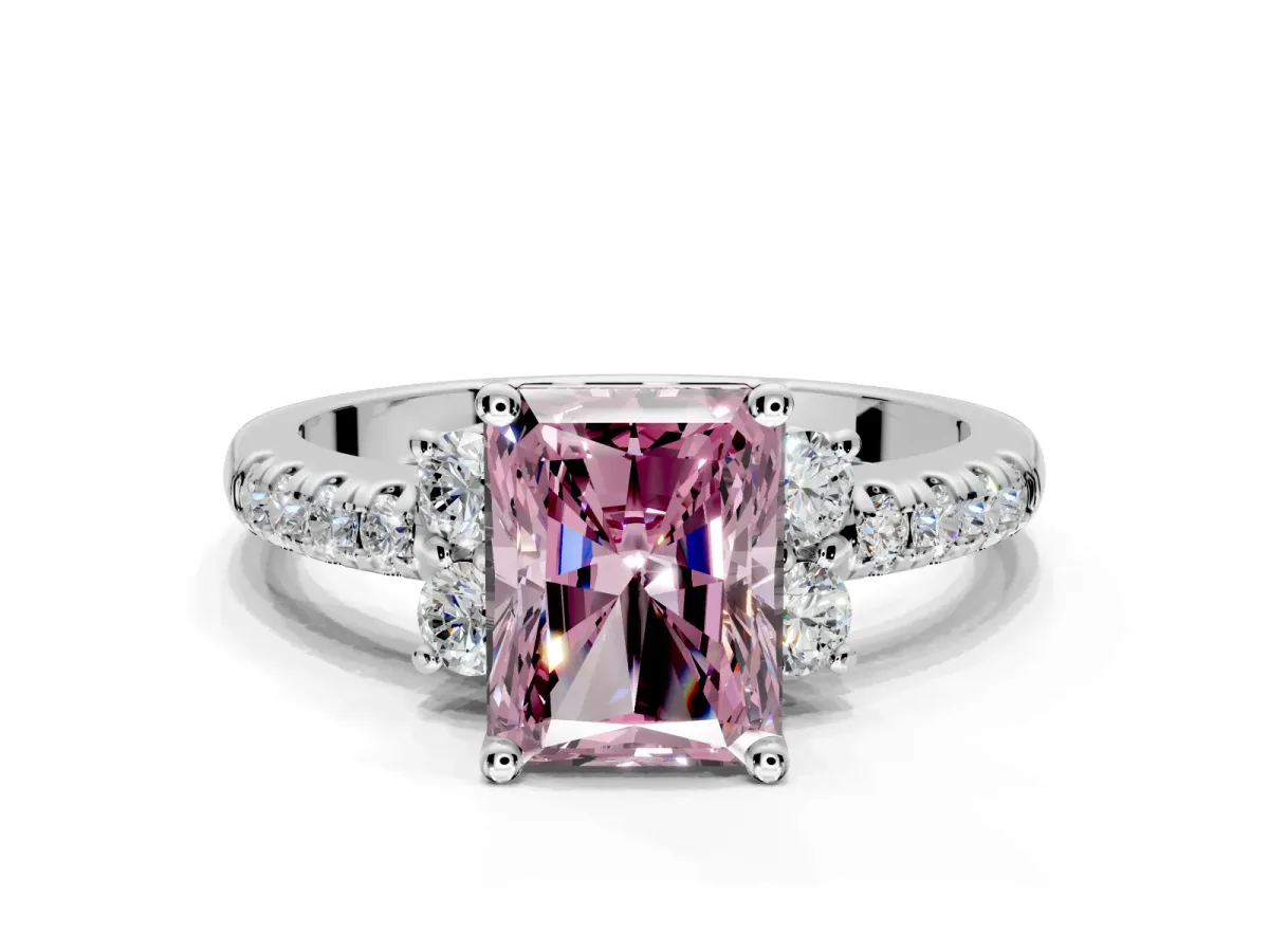 Paired Accent Engagement Ring Setting for Fancy Pink Radiant Cut Center with Pave Band and Prong Head in White Gold