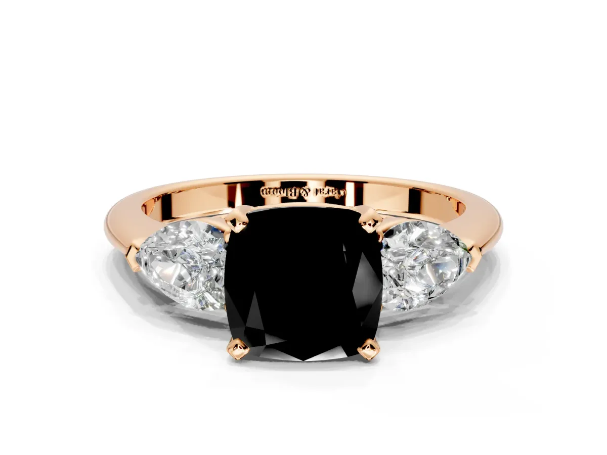 3 Stone Engagement Ring Setting for Fancy Black Cushion Cut Center with Large Pear-Shaped Accents and Prong Head in Rose Gold