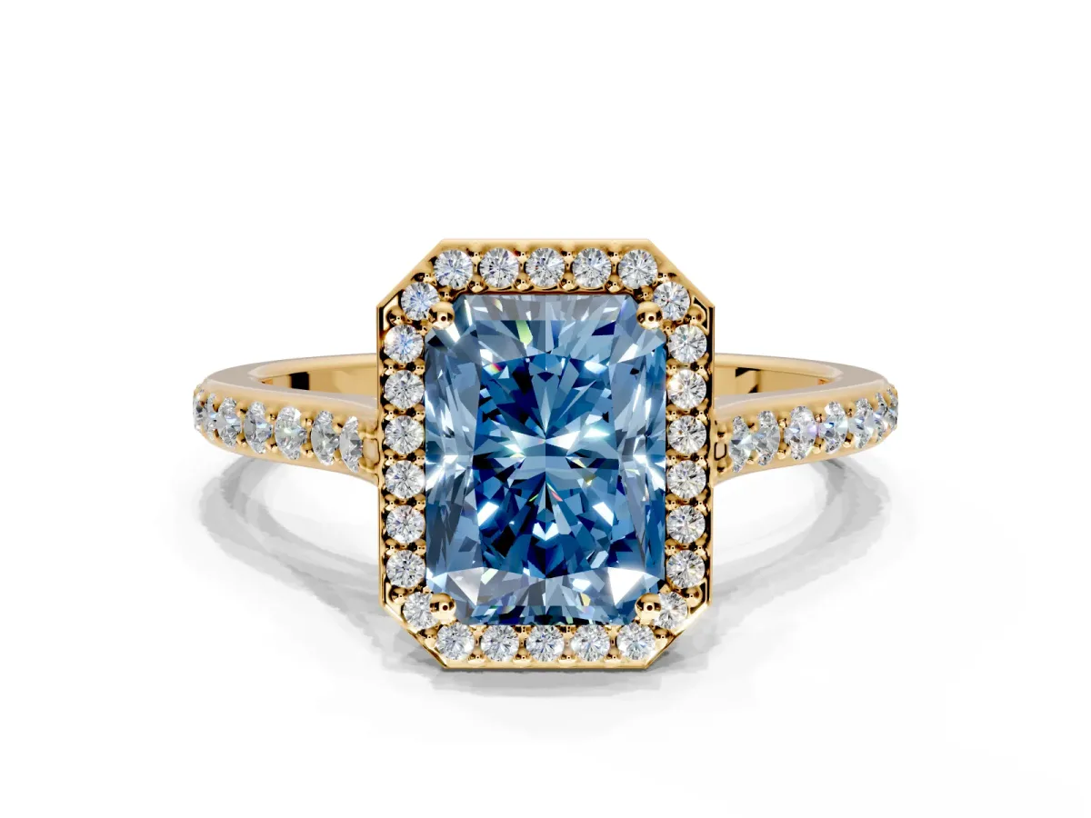 Halo Engagement Ring Setting for Fancy Blue Radiant Cut Center with Pave Accents, Heart Basket and Prong Head in Yellow Gold
