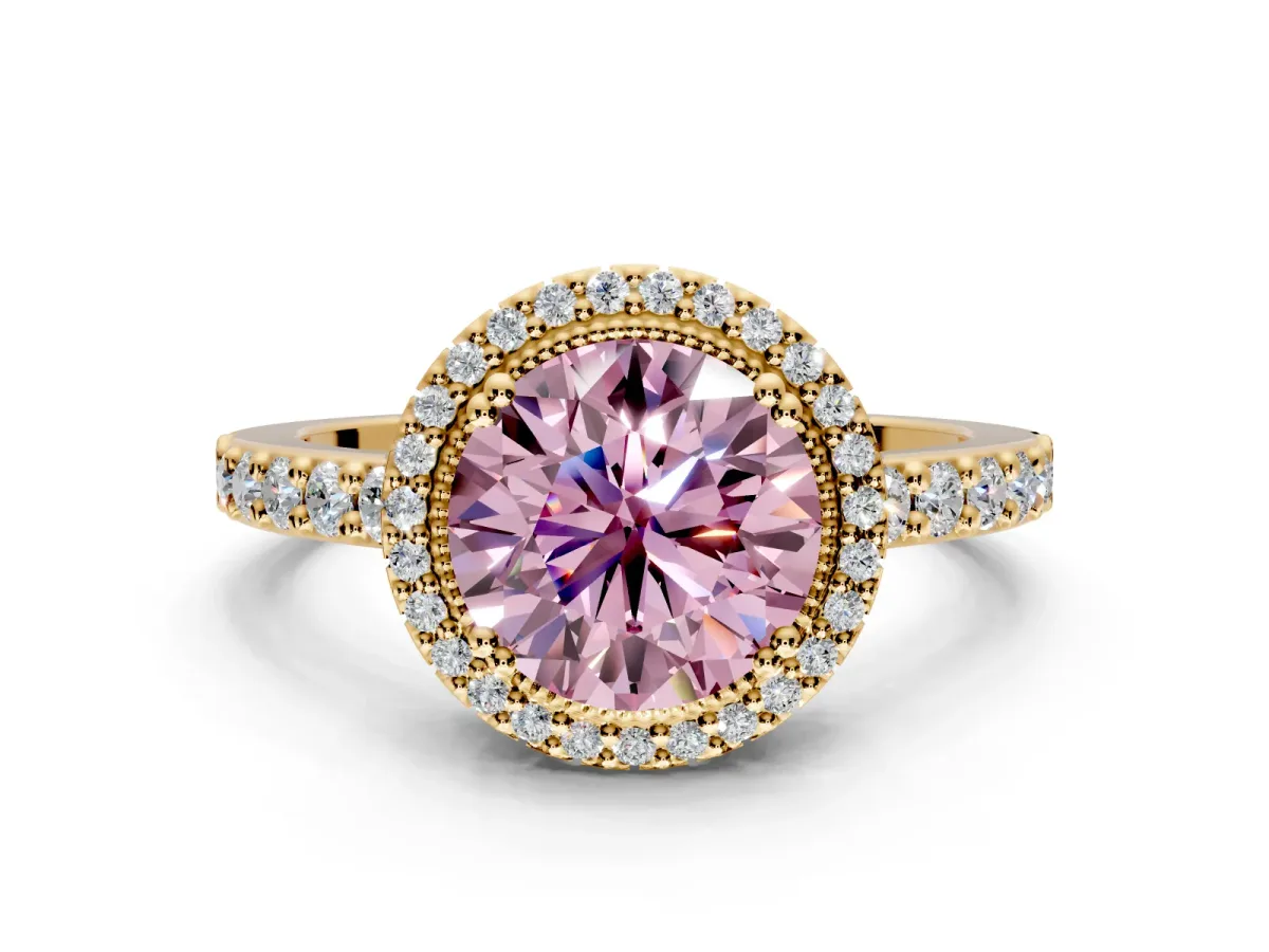 Halo Engagement Ring Setting for Fancy Pink Round Cut Center with Inner Milgrain Border and Prong Head in Yellow Gold