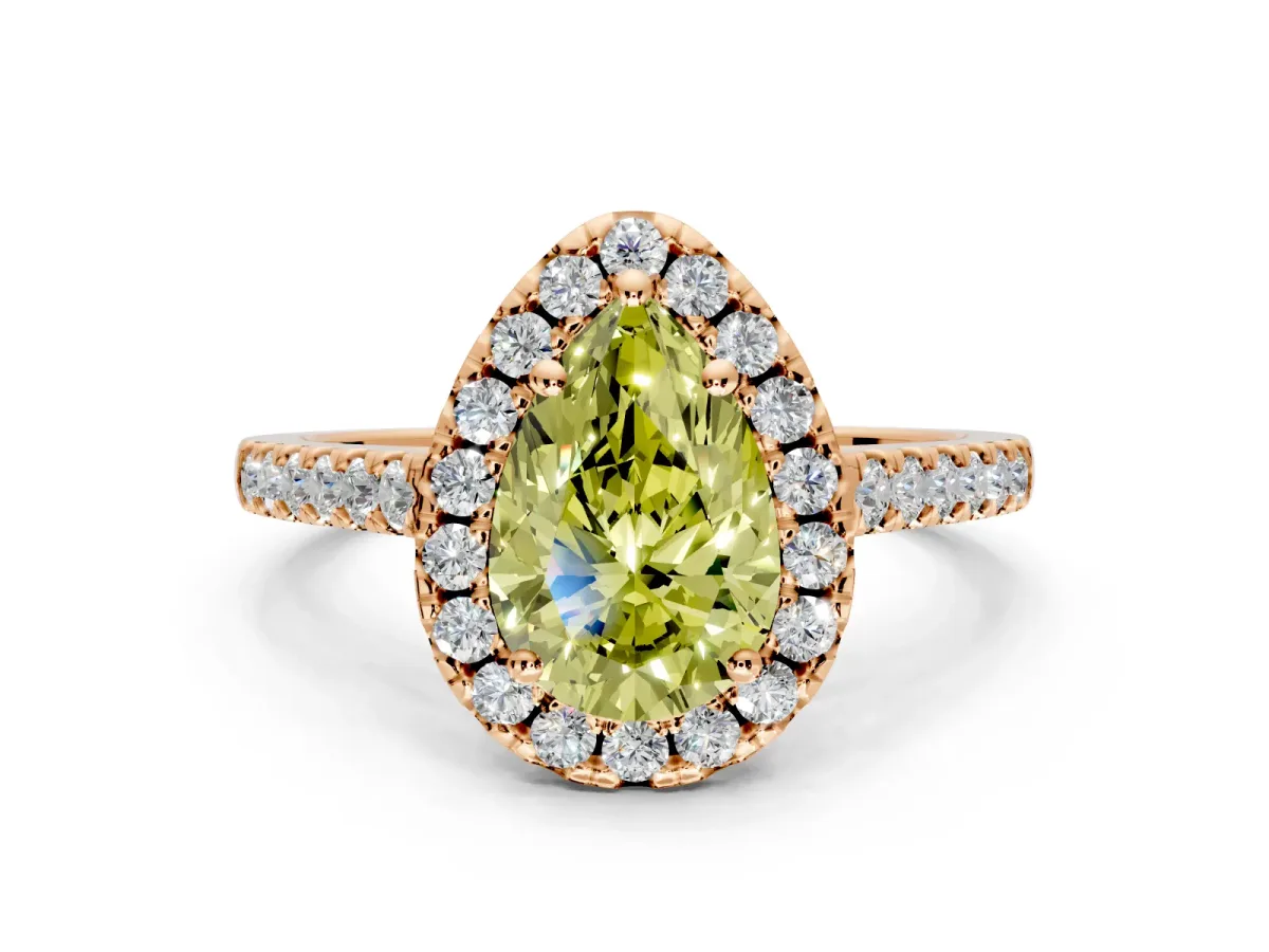 Halo Engagement Ring Setting for Fancy Yellow Pear-Shaped Center with Raised Halo, Pave Band and Prong Head in Rose Gold