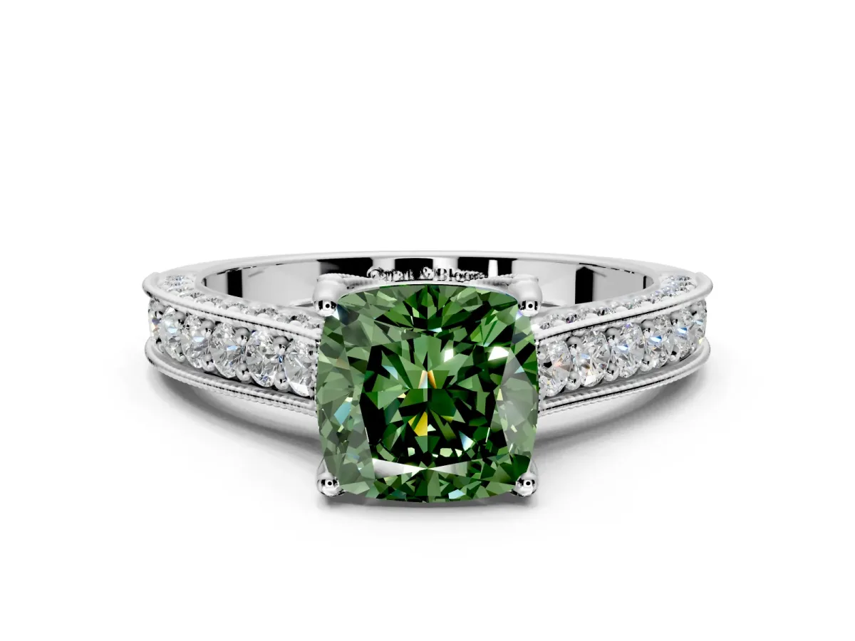 Solitaire Engagement Ring Setting for Fancy Green Cushion Cut Center with Milgrain-Framed Pave Band and Prong Head in Platinum