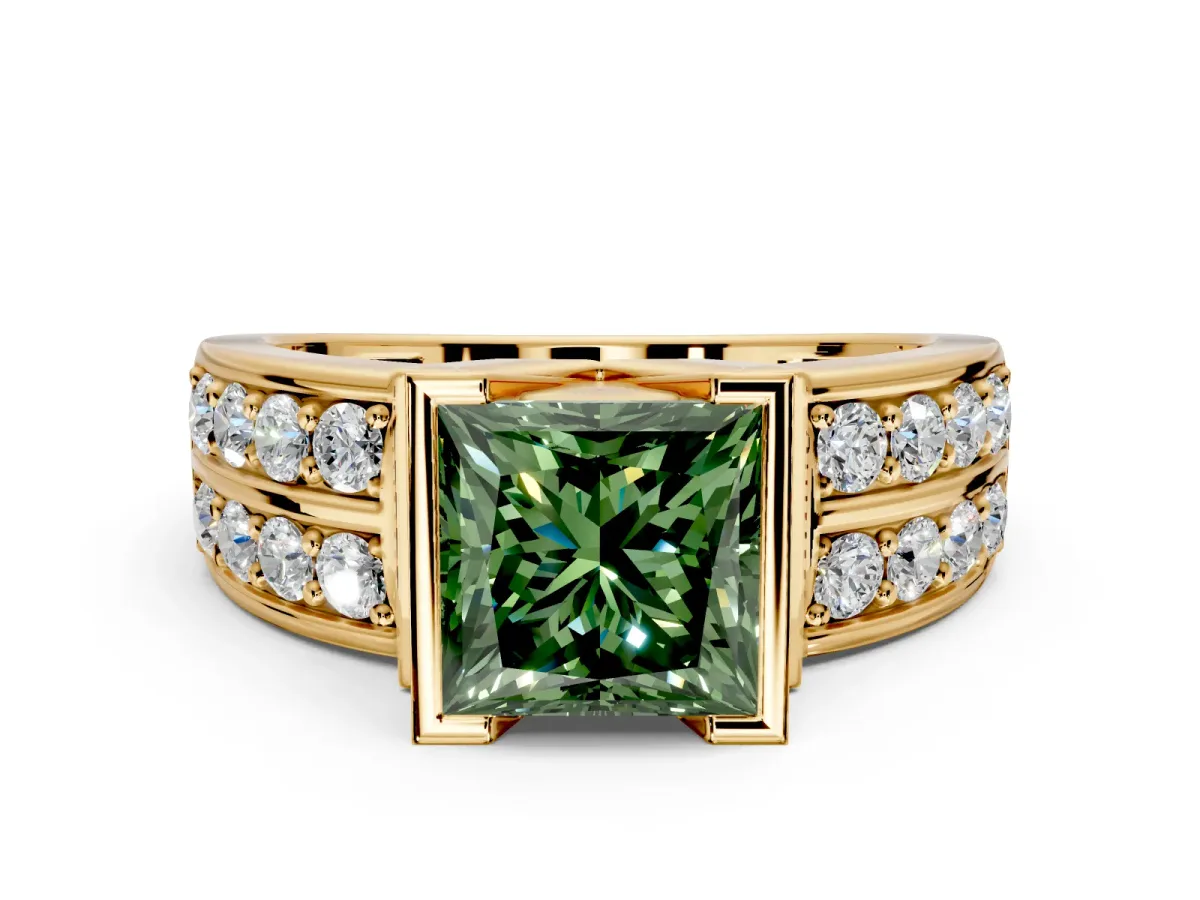 Bezel Engagement Ring Setting for Fancy Green Princess Cut Center with Wide Channel-Set Band and Bezel Head in Yellow Gold