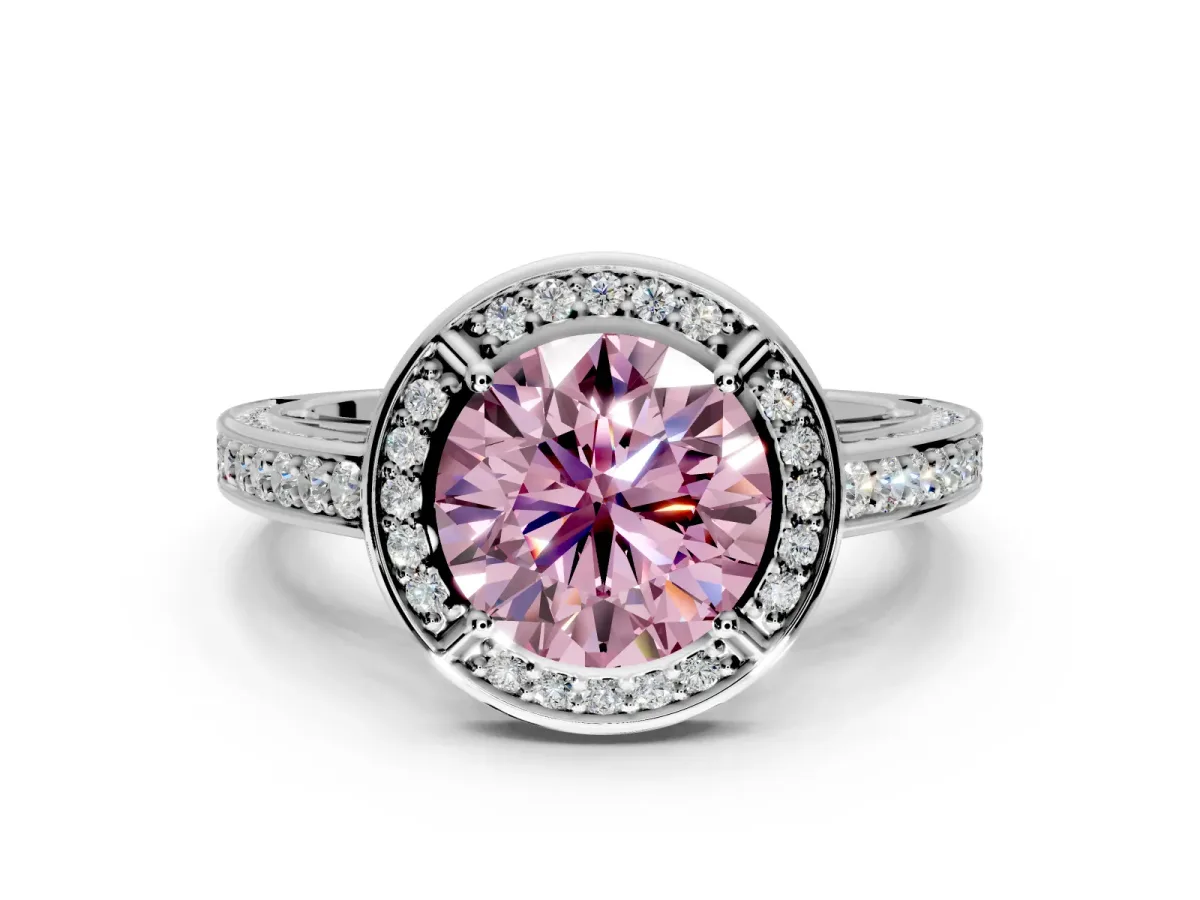 Halo Engagement Ring Setting for Fancy Pink Round Cut Center with Framed Halo, Pave Band and Prong Head in Platinum
